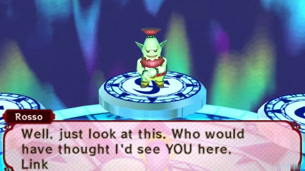 Rosso on his pedestal greets Link with a surprised remark in the sanctuary Rosso on his pedestal greets Link with a surprised remark in the sanctuary
