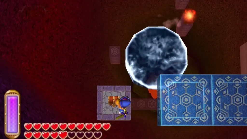 Link on a stone platform beside the round ice block above the lava Link on a stone platform beside the round ice block above the lava