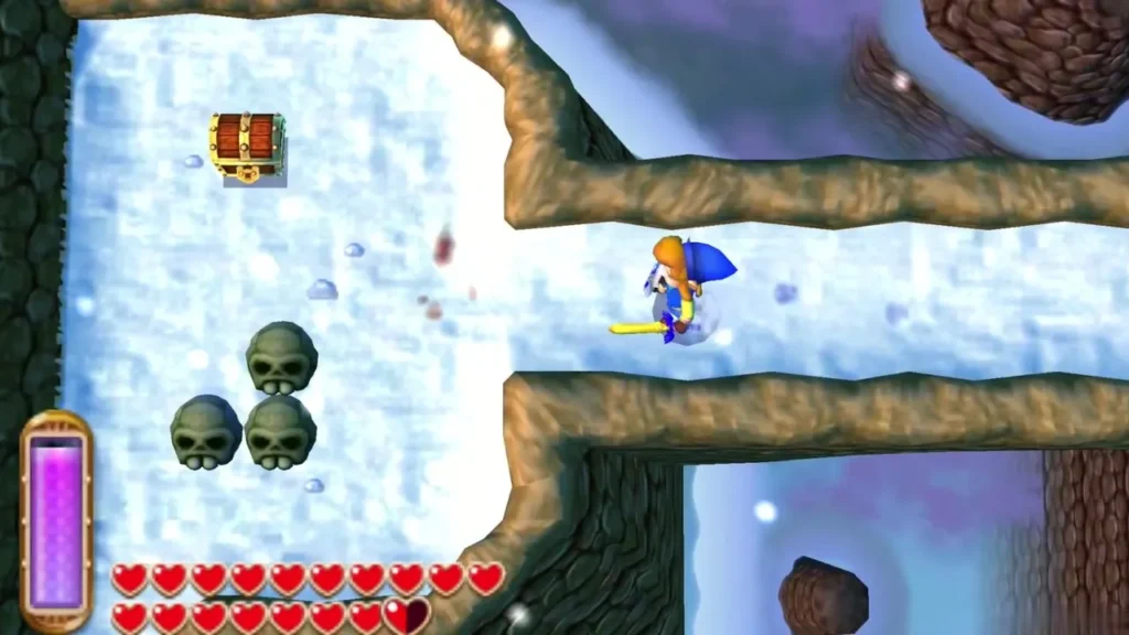 A chest on a snowy ledge with three skulls clustered beside it, Link nearby A chest on a snowy ledge with three skulls clustered beside it, Link nearby