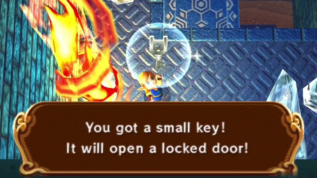 Link holds up a small key freed from the ice, with the 'You got a small key!' box Link holds up a small key freed from the ice, with the 'You got a small key!' box