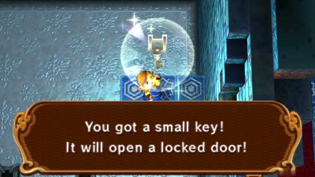 Link holding up a small key from a raised ledge, with the You got a small key box below Link holding up a small key from a raised ledge, with the You got a small key box below