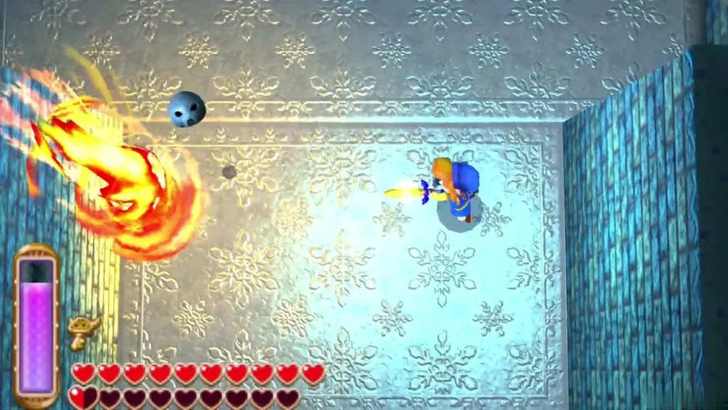 Link firing the Fire Rod at the Pengators in the snowflake arena Link firing the Fire Rod at the Pengators in the snowflake arena