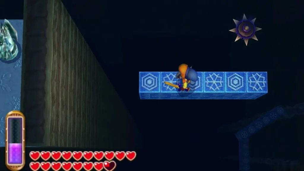 Link on a blue ice tile platform with a spiked ball drifting in the dark cavern Link on a blue ice tile platform with a spiked ball drifting in the dark cavern