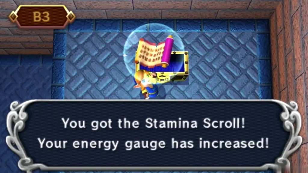 Link holding up the Stamina Scroll with the energy gauge increased message Link holding up the Stamina Scroll with the energy gauge increased message