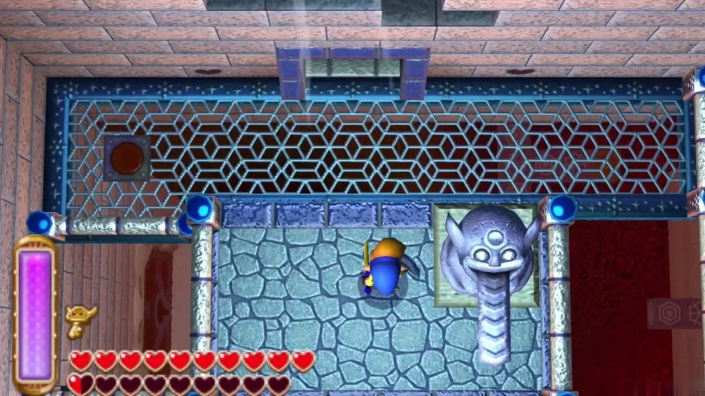 Link beside a stone statue on a frozen route in the ice ruins Link beside a stone statue on a frozen route in the ice ruins