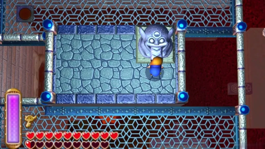 Link standing by a stone statue on an ice-floored platform in the ice ruins Link standing by a stone statue on an ice-floored platform in the ice ruins