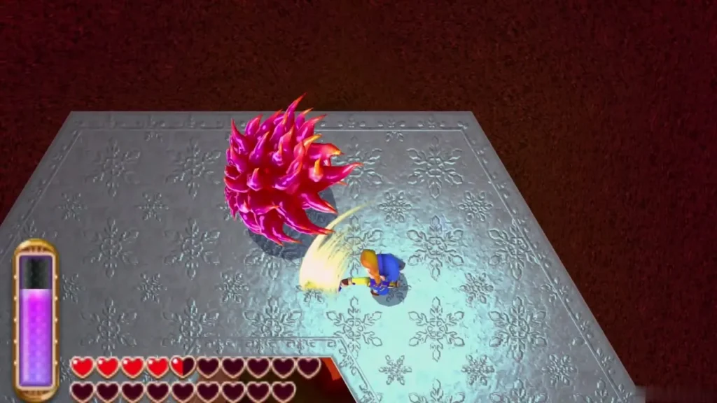 Link striking the red enraged Dharkstare with his sword on the icy platform Link striking the red enraged Dharkstare with his sword on the icy platform