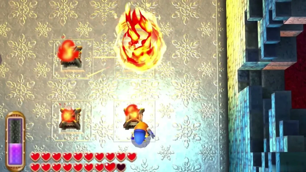 Link lighting a torch with the Fire Rod, three of the four torches already burning Link lighting a torch with the Fire Rod, three of the four torches already burning