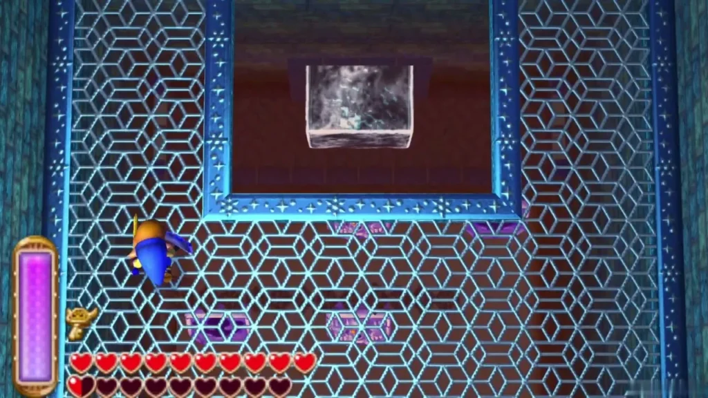 Link walking along the ice lattice wall toward the northern end of the dungeon Link walking along the ice lattice wall toward the northern end of the dungeon