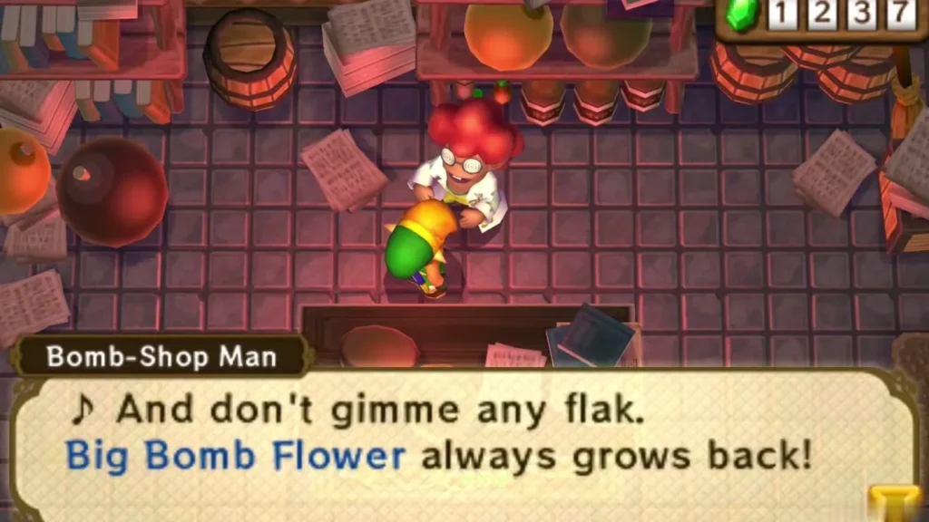 Bomb-Shop Man telling Link the Big Bomb Flower always grows back, Link beside his counter Bomb-Shop Man telling Link the Big Bomb Flower always grows back, Link beside his counter