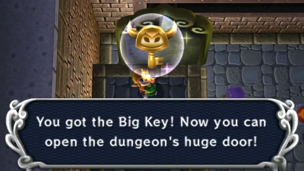 Link holds up the Big Key under a box saying it opens the dungeon's huge door Link holds up the Big Key under a box saying it opens the dungeon's huge door