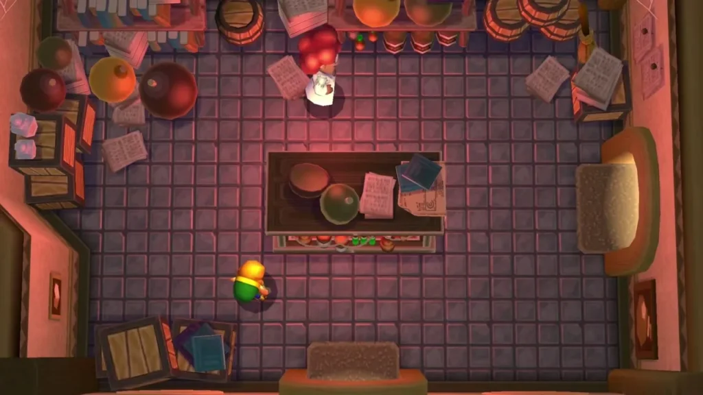 Interior of the Bomb-Shop in Lorule with barrels, bomb pots and a counter, Link near the entrance Interior of the Bomb-Shop in Lorule with barrels, bomb pots and a counter, Link near the entrance