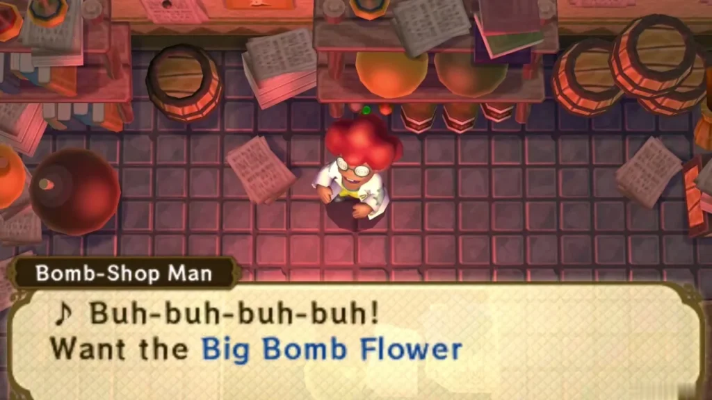 Bomb-Shop Man in his Lorule shop with a dialogue box offering the Big Bomb Flower Bomb-Shop Man in his Lorule shop with a dialogue box offering the Big Bomb Flower