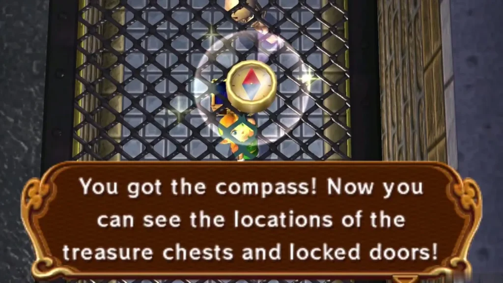 Link holding up the Compass in front of the barred cell, with its name box Link holding up the Compass in front of the barred cell, with its name box