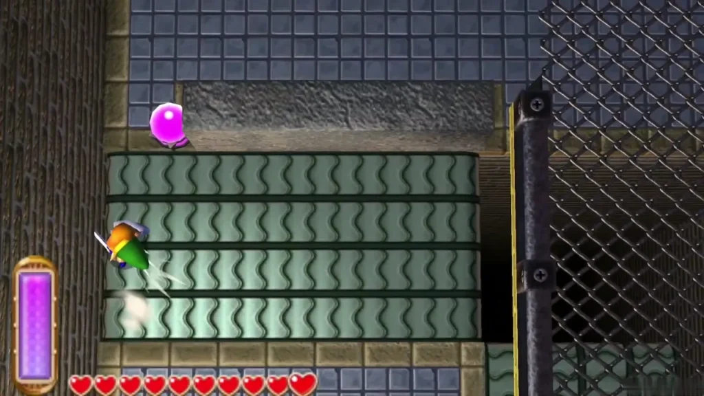 Link standing on a green conveyor belt in B2 that carries toward the pits Link standing on a green conveyor belt in B2 that carries toward the pits