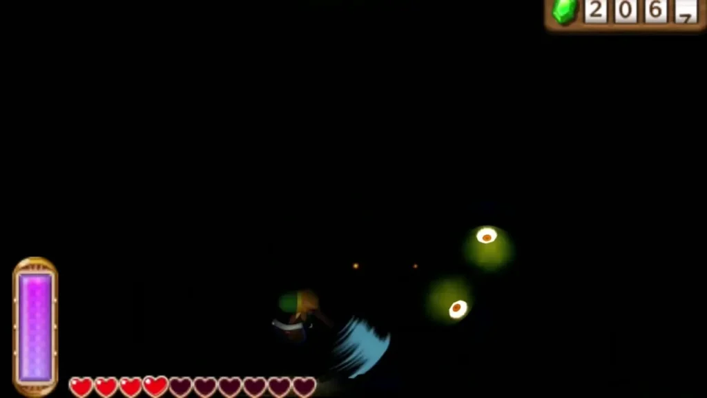 Link swinging his sword at glowing eyes in a dark B2 room, lit only by the blade's arc Link swinging his sword at glowing eyes in a dark B2 room, lit only by the blade's arc
