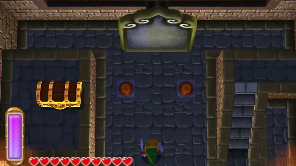 Link in the entrance hall with a gold chest visible across the room, out of reach Link in the entrance hall with a gold chest visible across the room, out of reach