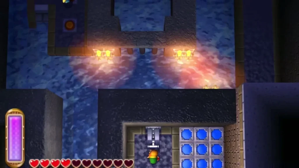 Flooded hall with torches lit along the far wall and a row of blue floor blocks beside a switch Flooded hall with torches lit along the far wall and a row of blue floor blocks beside a switch