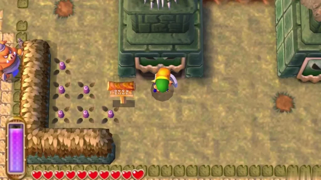 Link standing before the closed door beneath a gargoyle statue in Thieves' Town Link standing before the closed door beneath a gargoyle statue in Thieves' Town