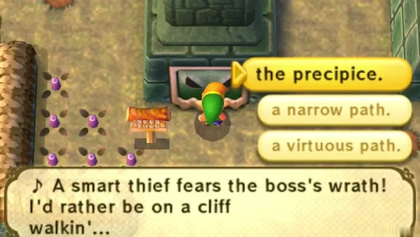 Three song-ending choices appear beside the gargoyle door as Link stands before it Three song-ending choices appear beside the gargoyle door as Link stands before it