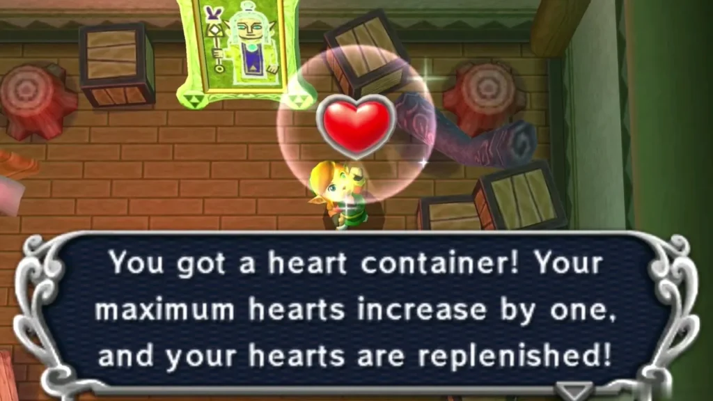 Link holding up a Heart Container, with the box saying maximum hearts increase by one Link holding up a Heart Container, with the box saying maximum hearts increase by one