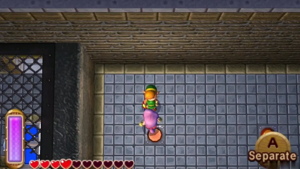 Link leading the Thief Girl across a stone room with the A button reading Separate Link leading the Thief Girl across a stone room with the A button reading Separate