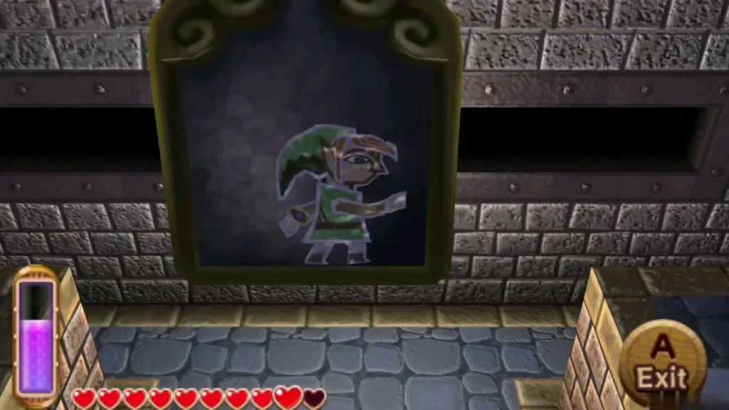Link merged into a painting on the wall, with the Exit prompt showing Link merged into a painting on the wall, with the Exit prompt showing