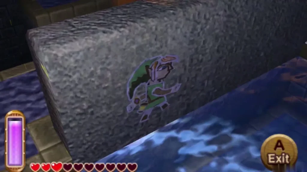 Link painted on a stone wall beside a water channel, merging into the wall Link painted on a stone wall beside a water channel, merging into the wall