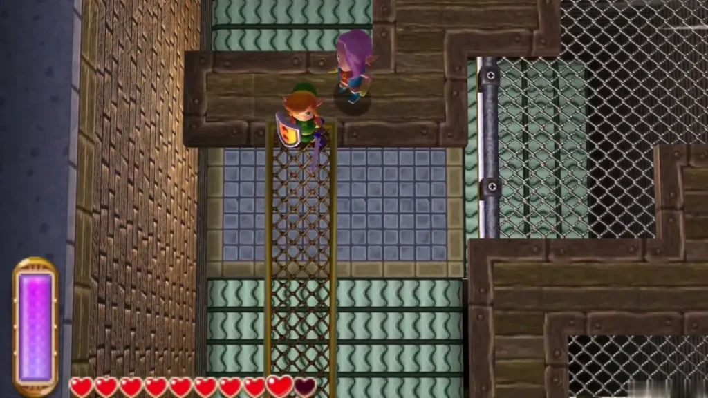 Link on a grated lift beside a green conveyor belt, with the Thief Girl standing above him Link on a grated lift beside a green conveyor belt, with the Thief Girl standing above him