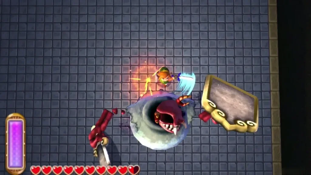 Link slashes at Stalblind from behind, sparks flying from the hit Link slashes at Stalblind from behind, sparks flying from the hit