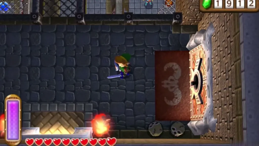 Link walking past the locked ornate boss door in the Thieves' Hideout entrance hall Link walking past the locked ornate boss door in the Thieves' Hideout entrance hall