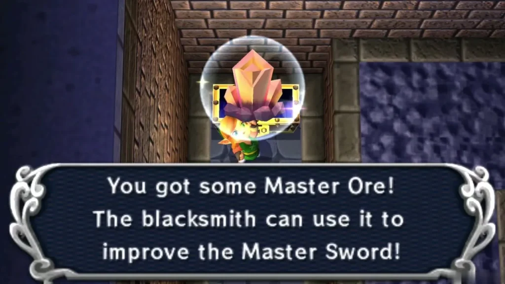 Link holding up a Master Ore with the message about improving the Master Sword Link holding up a Master Ore with the message about improving the Master Sword