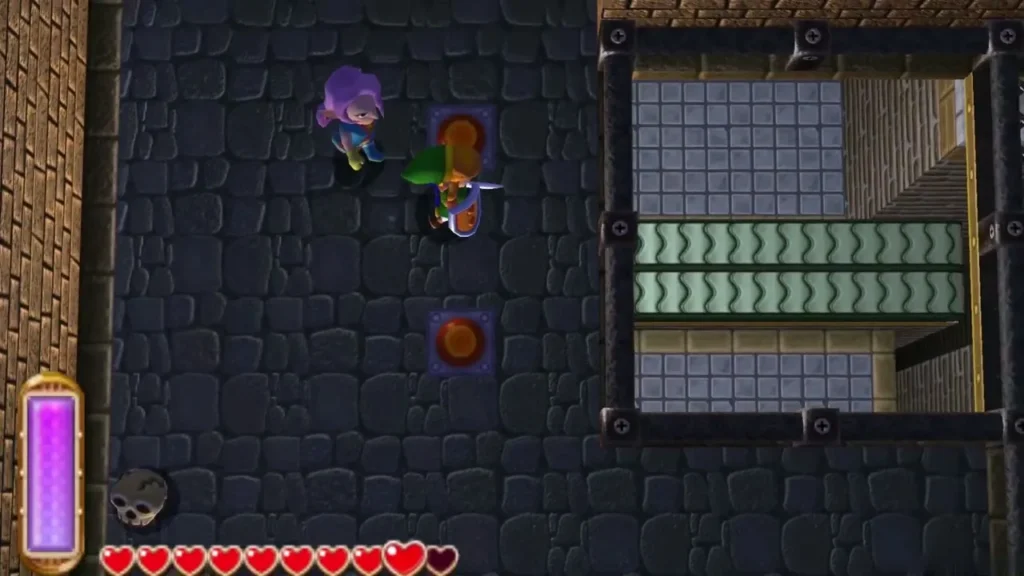 Link beside two orange floor switches in a dark room with the Thief Girl beside him Link beside two orange floor switches in a dark room with the Thief Girl beside him