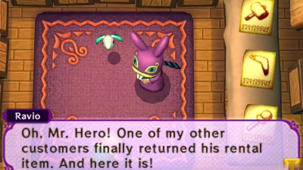 Ravio in his shop saying a customer finally returned his rental item Ravio in his shop saying a customer finally returned his rental item