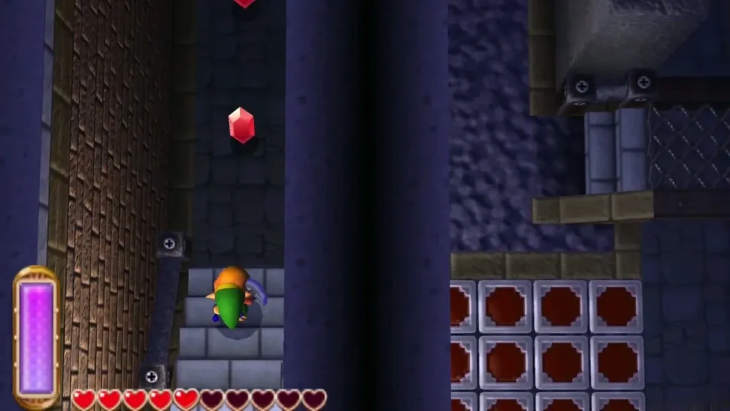 Link walking up a narrow passage lined with red Rupees beside a row of red blocks Link walking up a narrow passage lined with red Rupees beside a row of red blocks