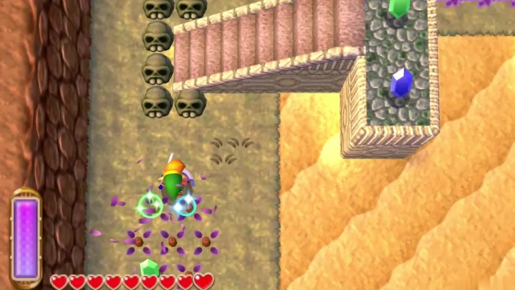 Link collecting rupees along the Rupee Rush fence course in Lorule Link collecting rupees along the Rupee Rush fence course in Lorule