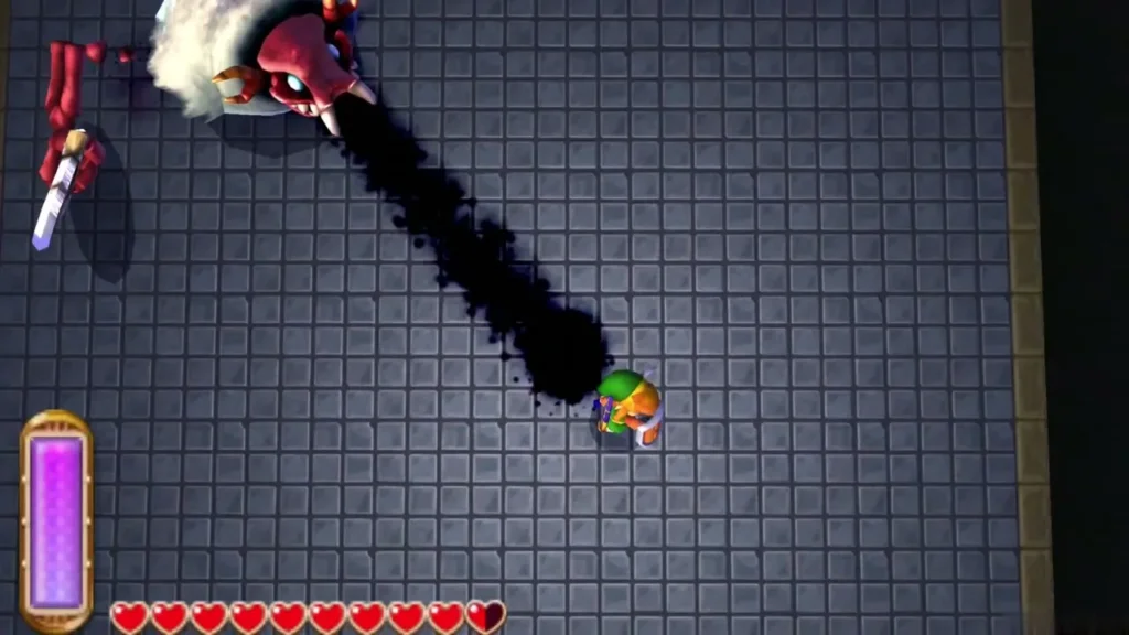 Stalblind fires a dark magic burst that trails black smoke toward Link Stalblind fires a dark magic burst that trails black smoke toward Link