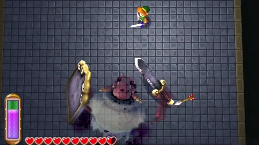 Link fighting Stalblind in its arena as the boss swings its shield-armed tentacles Link fighting Stalblind in its arena as the boss swings its shield-armed tentacles