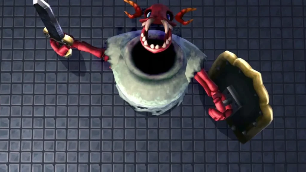 Stalblind with his huge sword and shield in the middle of the boss platform Stalblind with his huge sword and shield in the middle of the boss platform