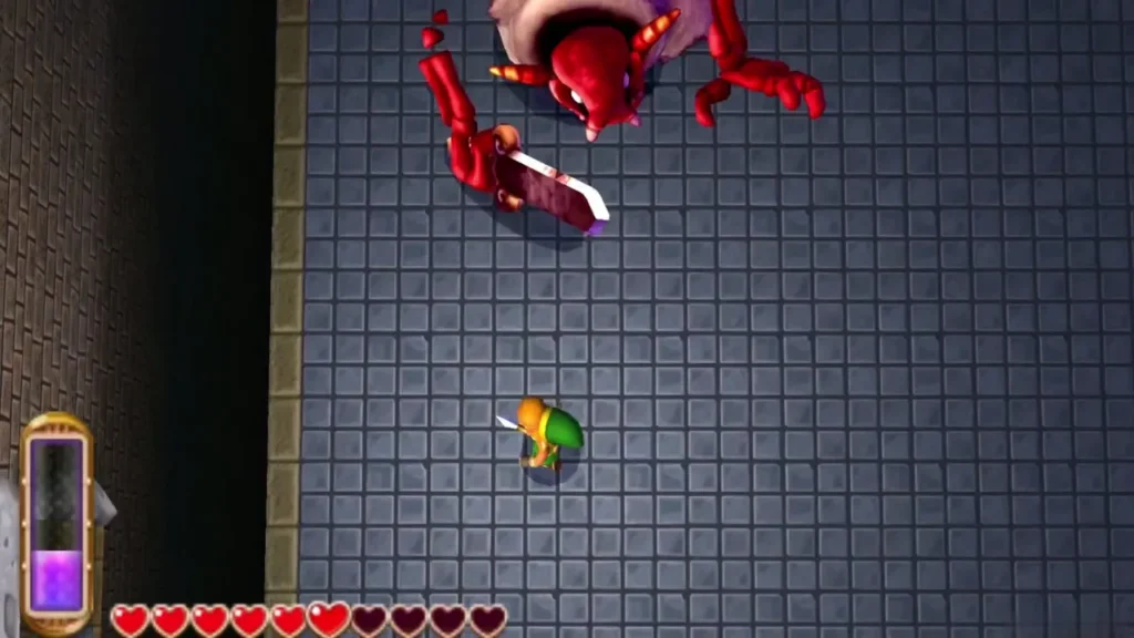 Stalblind's sword stuck in the floor after a missed slash, with Link waiting below Stalblind's sword stuck in the floor after a missed slash, with Link waiting below