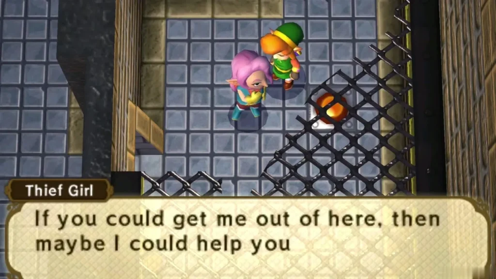 Thief Girl in her cell asking Link to get her out, in a dialogue box Thief Girl in her cell asking Link to get her out, in a dialogue box