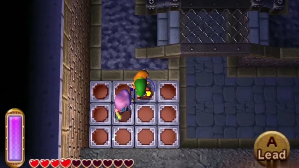 Link and the Thief Girl standing on red blocks, with the A button reading Lead Link and the Thief Girl standing on red blocks, with the A button reading Lead