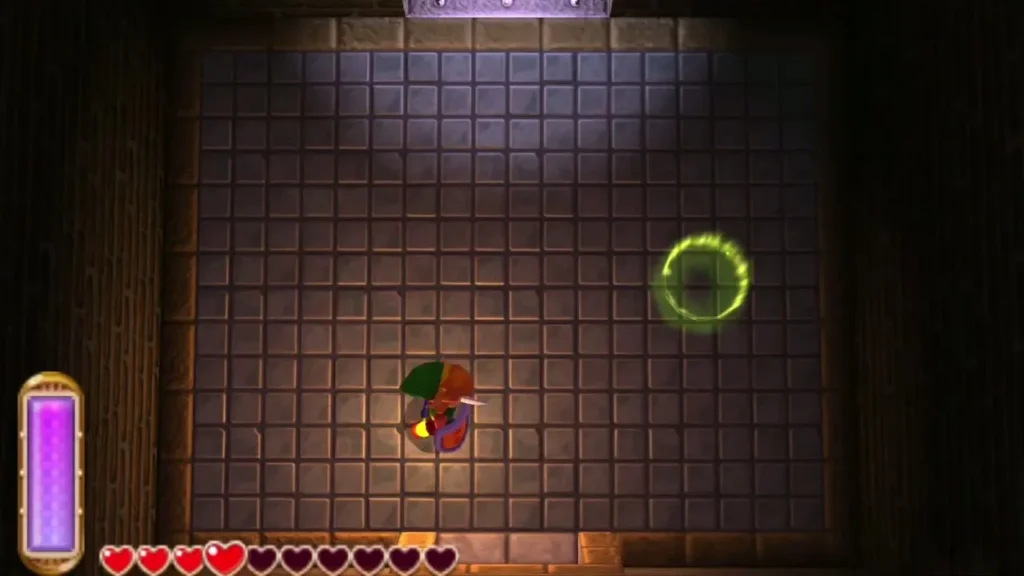Link in a lit B2 room with a glowing green warp point across the floor Link in a lit B2 room with a glowing green warp point across the floor