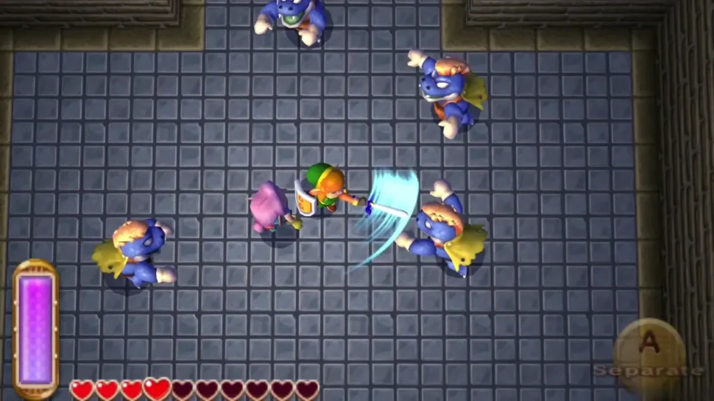 Link swinging his sword at Blue Zazaks while the Thief Girl stands beside him Link swinging his sword at Blue Zazaks while the Thief Girl stands beside him