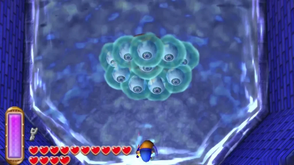 Arrghus, a red core ringed with eyeballs, floating in the round pool Arrghus, a red core ringed with eyeballs, floating in the round pool