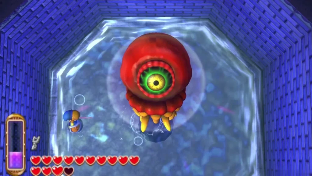 Link facing Arrghus, the red jellyfish-like boss, in the flooded Swamp Palace chamber Link facing Arrghus, the red jellyfish-like boss, in the flooded Swamp Palace chamber