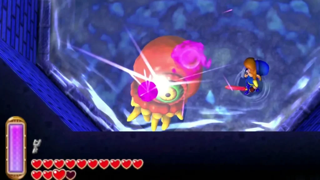 Arrghus firing pink laser beams as Link slashes at the boss Arrghus firing pink laser beams as Link slashes at the boss