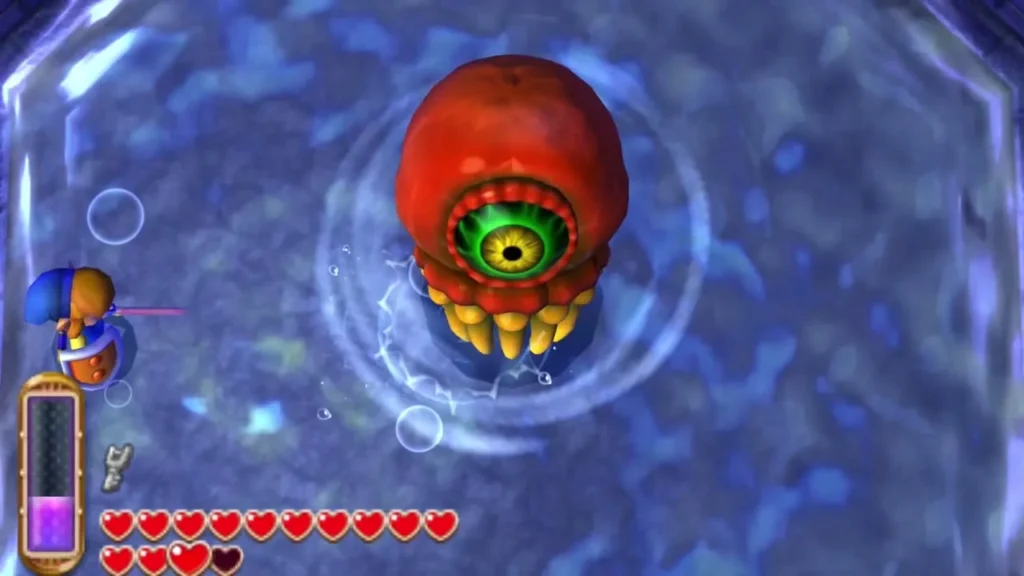 Arrghus rising from the swamp water with its central eye open toward Link Arrghus rising from the swamp water with its central eye open toward Link