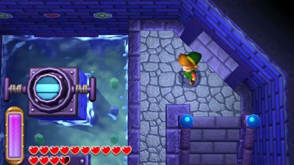 Link on a ledge beside the cyan water-level machine in the B1 room Link on a ledge beside the cyan water-level machine in the B1 room
