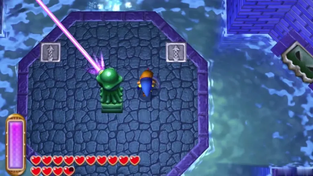 Beamos laser firing across the stone room while Link stands beside it Beamos laser firing across the stone room while Link stands beside it